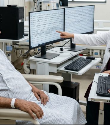 Digital electroencephalography EEG brain mapping station showing multi-channel electrode cap and brain wave displays