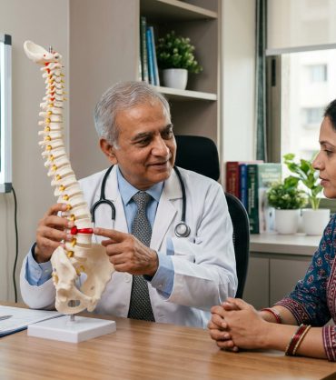 Senior Indian spine surgeon explaining lumbar spine model and herniated disc to Indian patient
