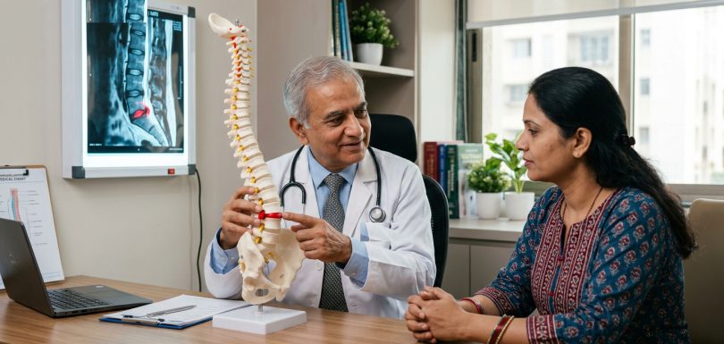 Senior Indian spine surgeon explaining lumbar spine model and herniated disc to Indian patient