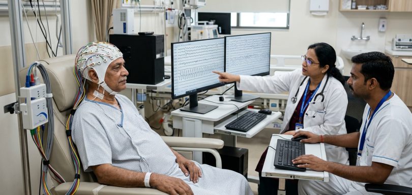 Indian patient undergoing digital electroencephalogram EEG monitoring with Indian neuro specialists