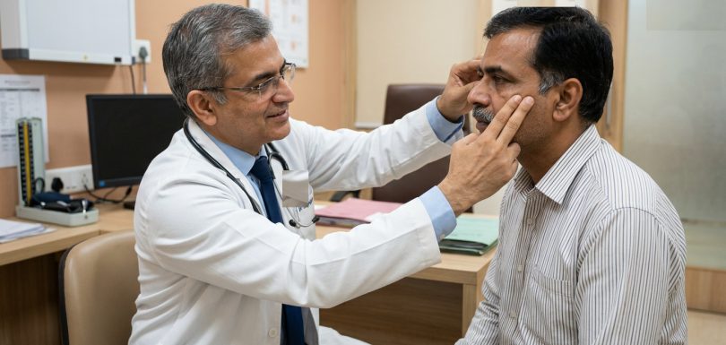 Senior Indian doctor performing cranial nerve and trigeminal neuralgia clinical evaluation