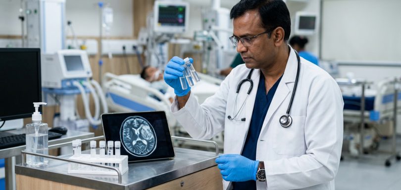 Indian neurologist analyzing cerebrospinal fluid CSF samples in neuro-ICU setting