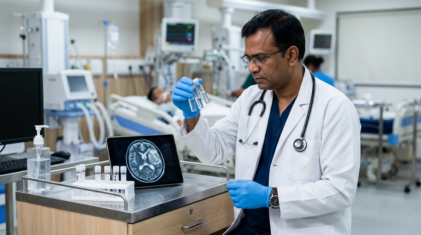 Indian neurologist analyzing cerebrospinal fluid CSF samples in neuro-ICU setting