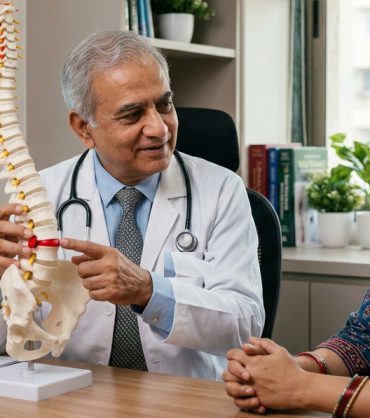 Senior Indian spine and neuro specialist demonstrating spinal biomechanics and rehabilitation exercises to Indian patient