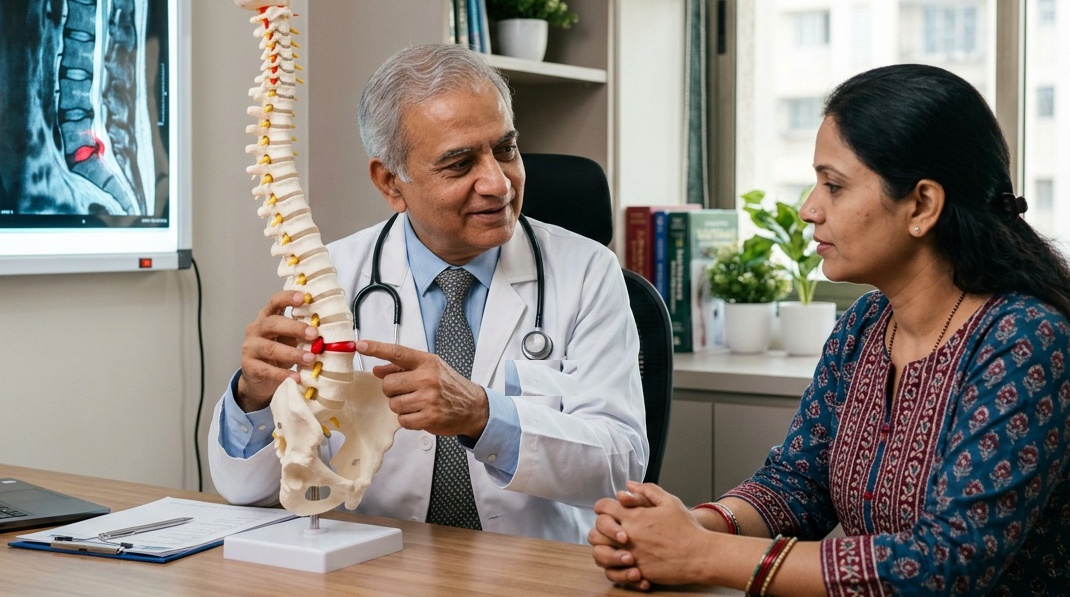 Senior Indian spine and neuro specialist demonstrating spinal biomechanics and rehabilitation exercises to Indian patient