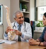 Senior Indian spine surgeon in white coat explaining human lumbar spine model to an Indian woman patient